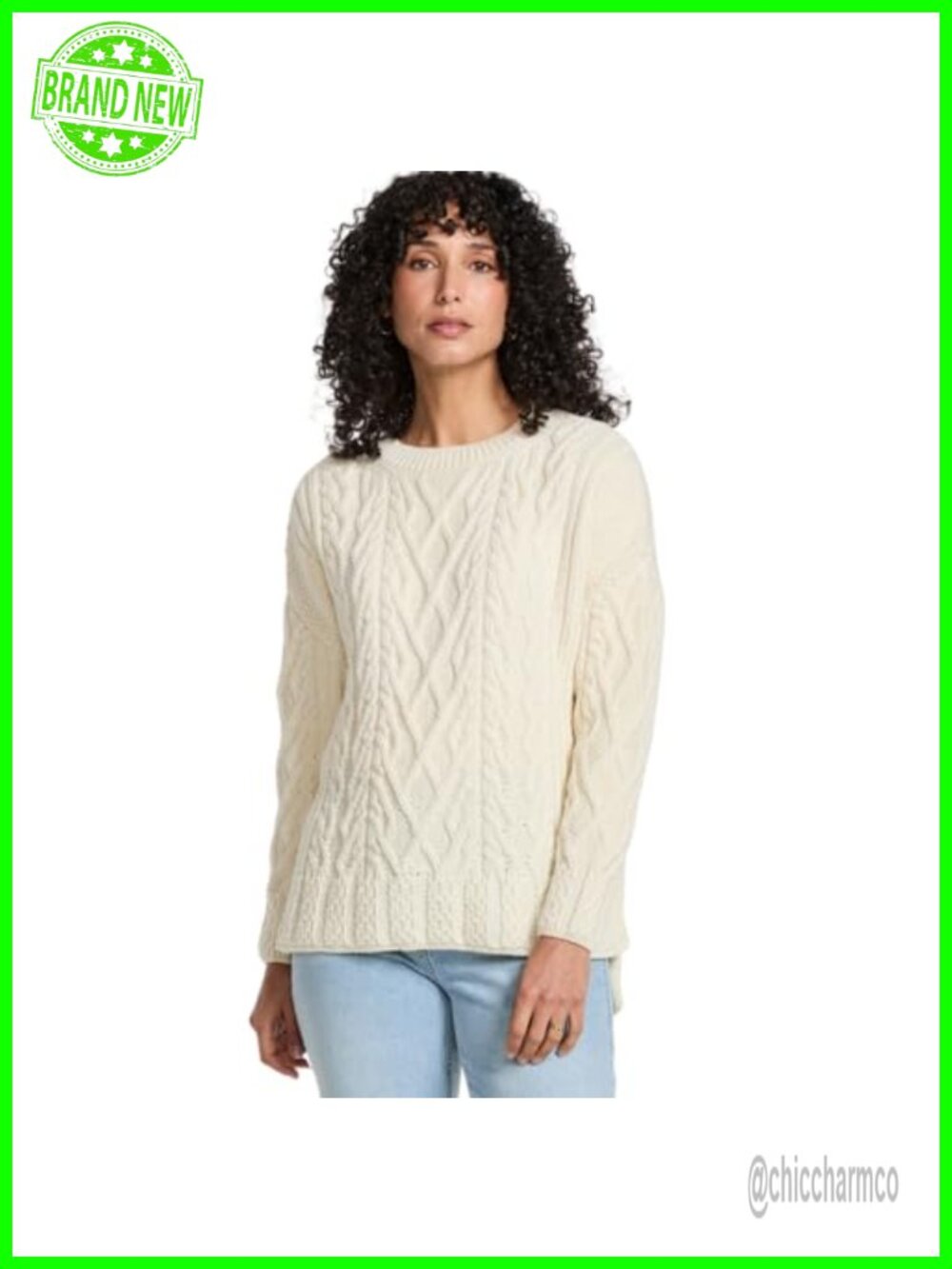 Irish Cable Knit Crew Neck Merino Wool Sweater Relaxed Fit